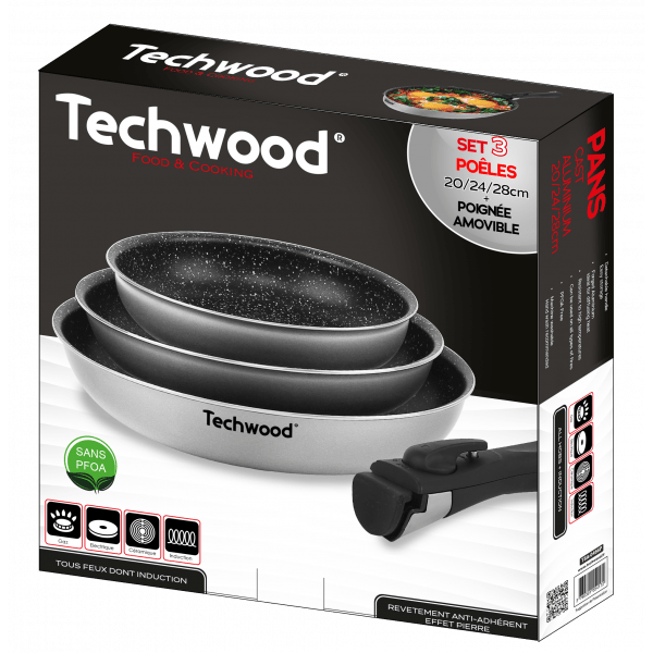 Techwood Set 4 Padelle Antiaderenti Effetto Pietra 20-24-28 cm con Manico Removibile – Per Induzione