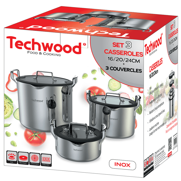 Techwood Set 6 Casseruole Antiaderenti in Acciaio Inox 16-20-24 cm con Coperchi – Per Induzione