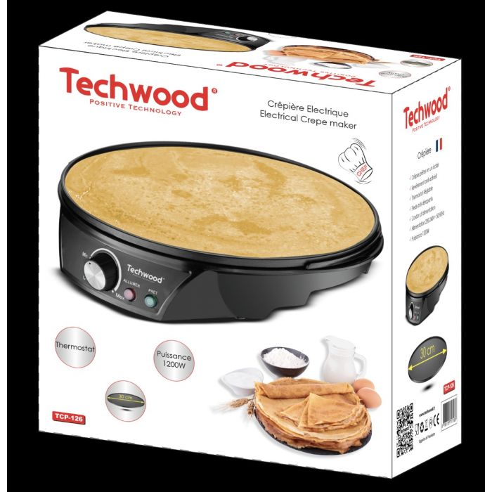 Techwood Crepiera Elettrica 1200W 30 cm – Termostato Regolabile, Piastra Antiaderente, Crepes Perfette