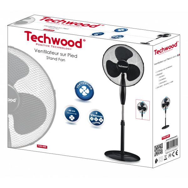 Techwood Ventilatore a Piantana 40 cm 45W – 3 Velocità, Oscillante, Altezza Regolabile
