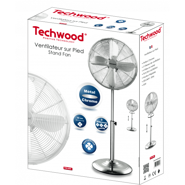 Techwood Ventilatore a Piantana in Metallo 40 cm 50W – 3 Velocità, Oscillante, Silenzioso