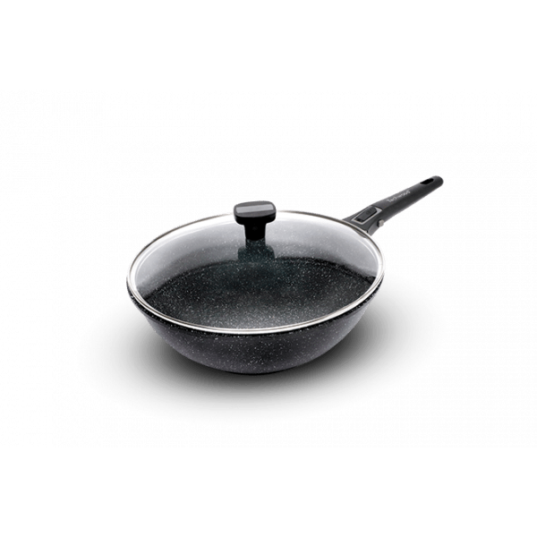 Techwood Wok Antiaderente Effetto Pietra 30 cm con Coperchio in Vetro e Manico Removibile – Induzione