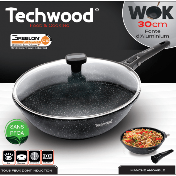 Techwood Wok Antiaderente Effetto Pietra 30 cm con Coperchio in Vetro e Manico Removibile – Induzione