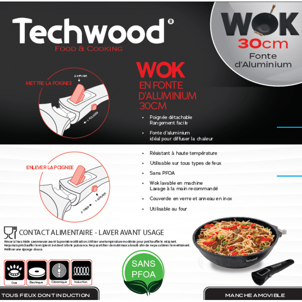 Techwood Wok Antiaderente Effetto Pietra 30 cm con Coperchio in Vetro e Manico Removibile – Induzione